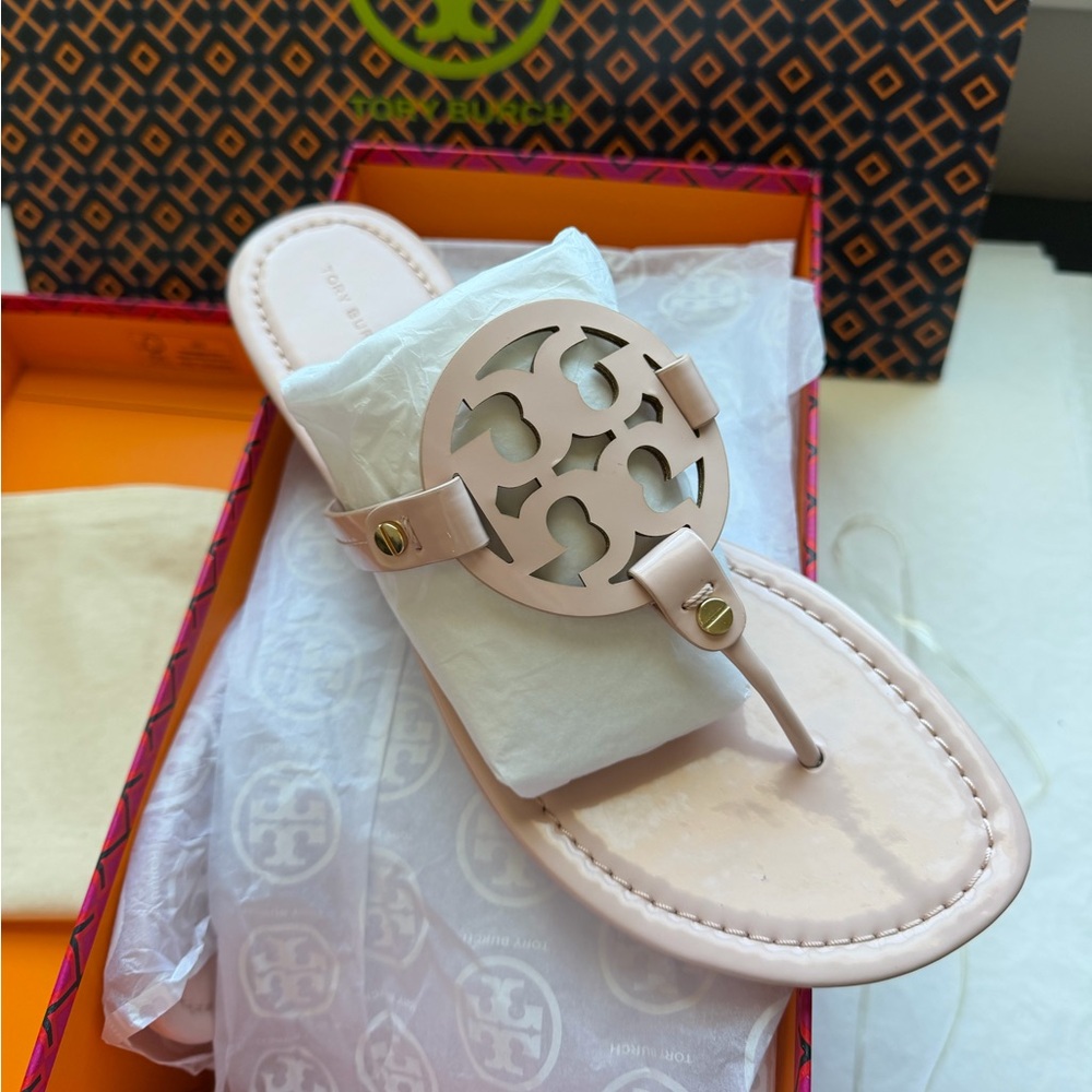 Tory Burch Miller Patent Leather Sandal Seashell Pink Size 10